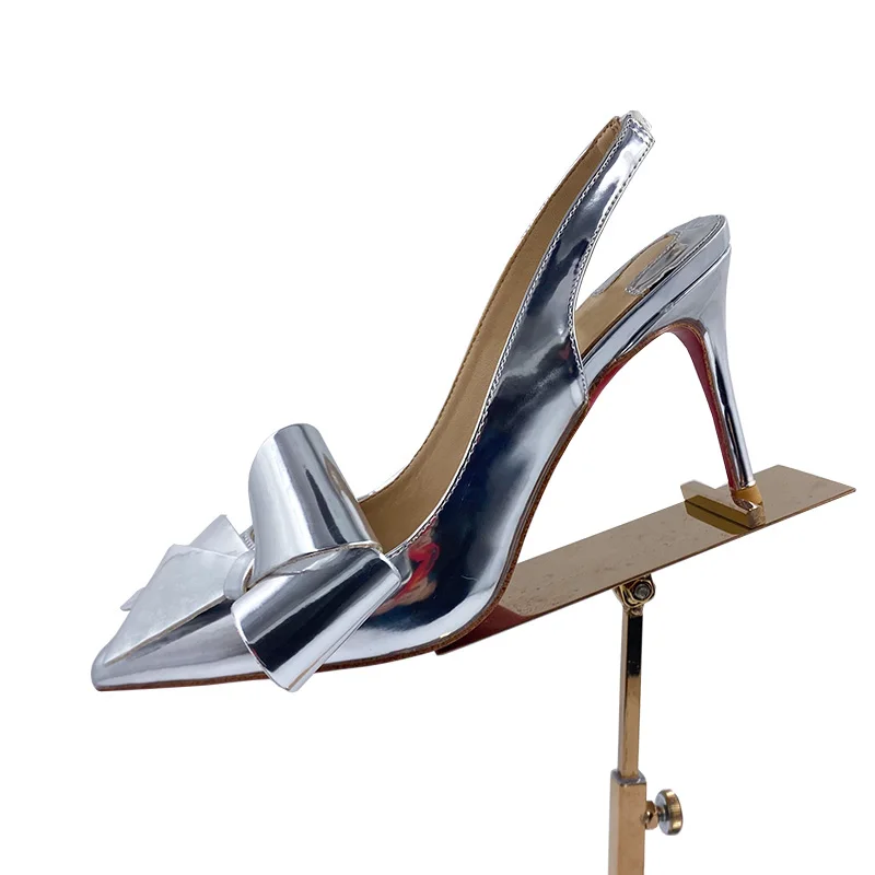 Size 34-45 Solid Color Patent Leather Big Bow-Tie Pointy Toe Elegant Slingback Women High Heels Sandals Shoes
