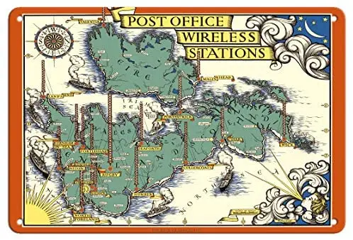 

Post Office Wireless Stations - Great Britain - England - Map by Macdonald (Max) Gill c.1938- Metal Sign