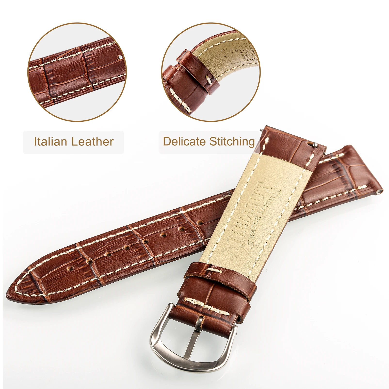 Alligator Embossed Leahter Watch Band Quick Release Brown White Stitch Top Grain Replacement Watches Strap 16mm 18mm 20mm 22mm | Наручные