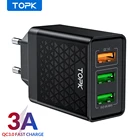 Быстрое зарядное устройство TOPK B354Q, 3 порта, 30 Вт, USB 3,0, для iPhone, Xiaomi, Samsung, QC3.0, настенное зарядное устройство для быстрой зарядки телефона