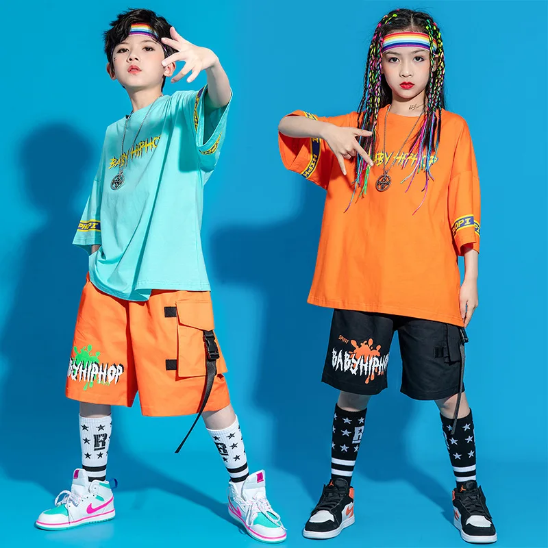 

Детская одежда в стиле хип-хоп, футболка оверсайз с графическим рисунком, уличная одежда, летние брюки-карго с лентами для девочек и мальчиков, танцевальный костюм, одежда