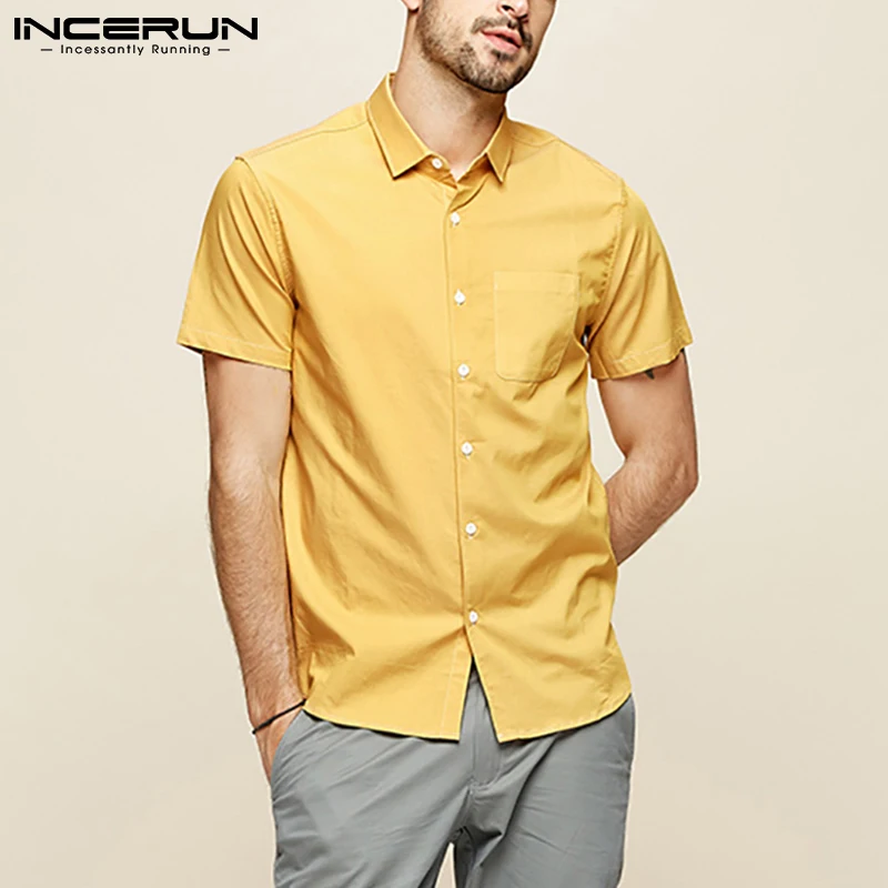 

Men Shirt Solid Color Lapel Short Sleeve Cotton Harajuku Casual Men Clothing Button 2021 Streetwear Pockets Camisa S-3XL INCERUN