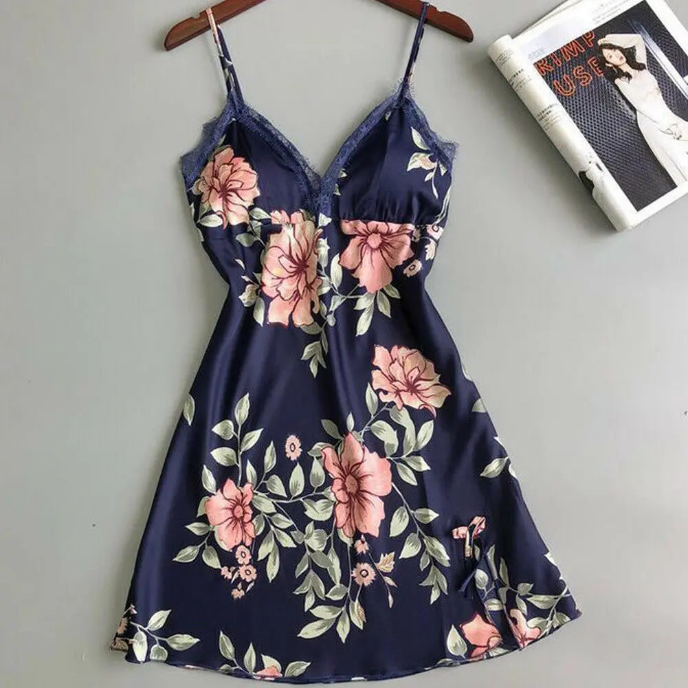 Женская сексуальная пижама атласная шелковая ночная сорочка кружевная рубашка