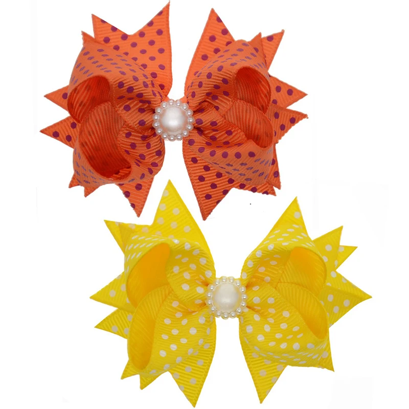 3 Inch Polka Dots Bows for Girls Kids Child 10 Pairs Grosgrain Hair Pearl Barrettes Boutique Accessory Wholesale | Детская одежда и