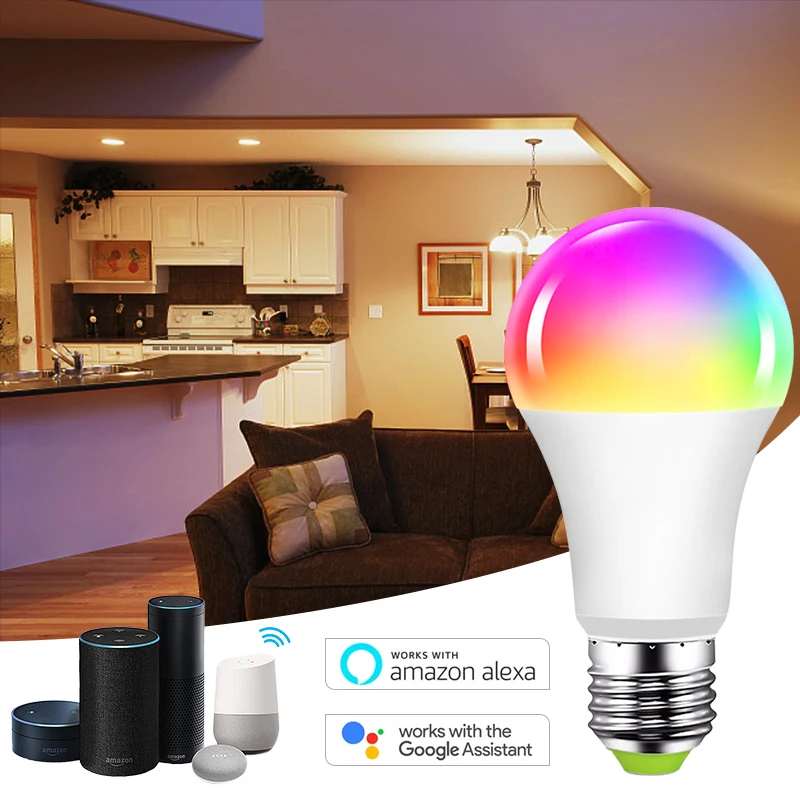 

Умная лампочка E27 E26 B22 с регулируемой яркостью, 15 Вт, Wi-Fi, RGB + CCT, с голосовым управлением, таймером, работает с Alexa Google Home
