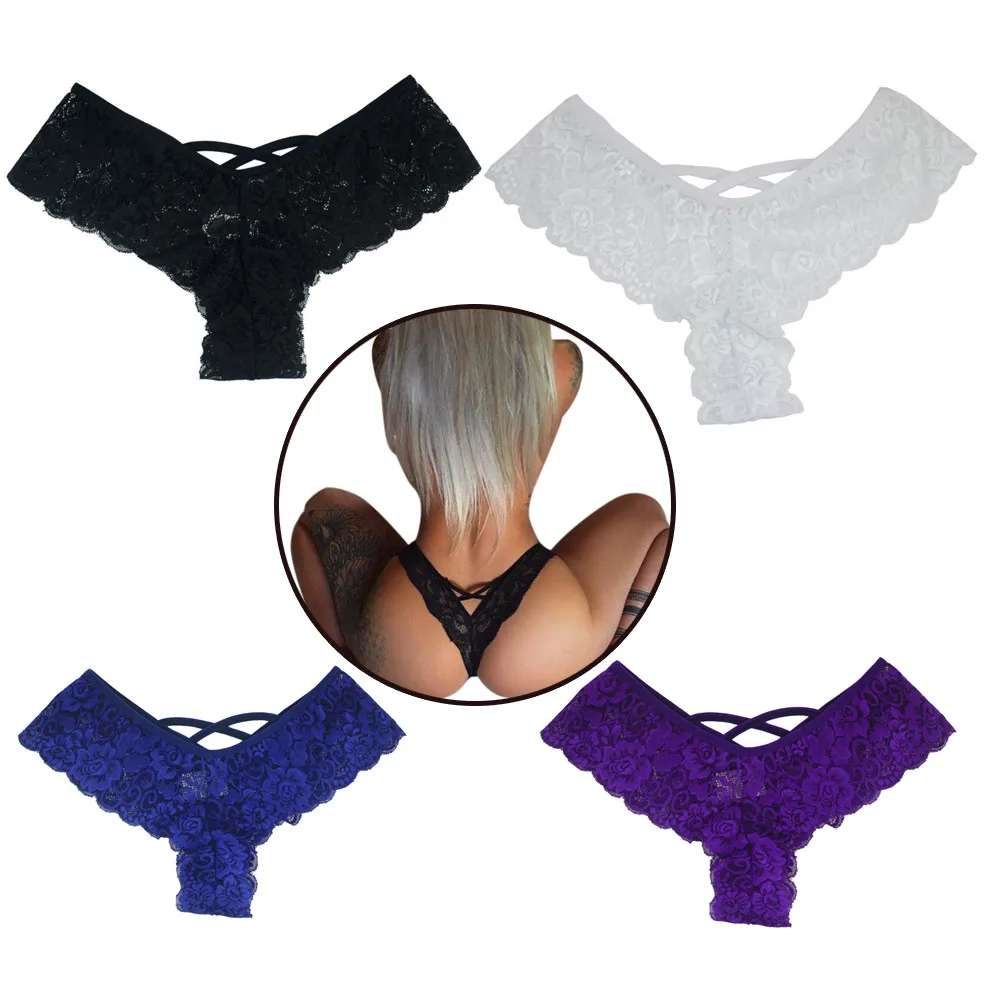 

4PC Sexy Women Lace Flowers Low Waist Underwear Panties G-string Lingerie Thongs Sexy Briefs Female Underwear Cross Strap