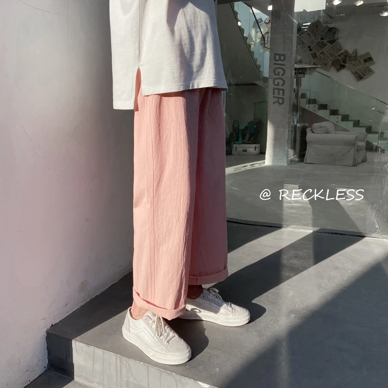 

2021 мужские тонкие хлопковые брюки, летние модные брюки 2XL, повседневные мужские однотонные прямые свободные брюки до щиколотки, 6 цветов