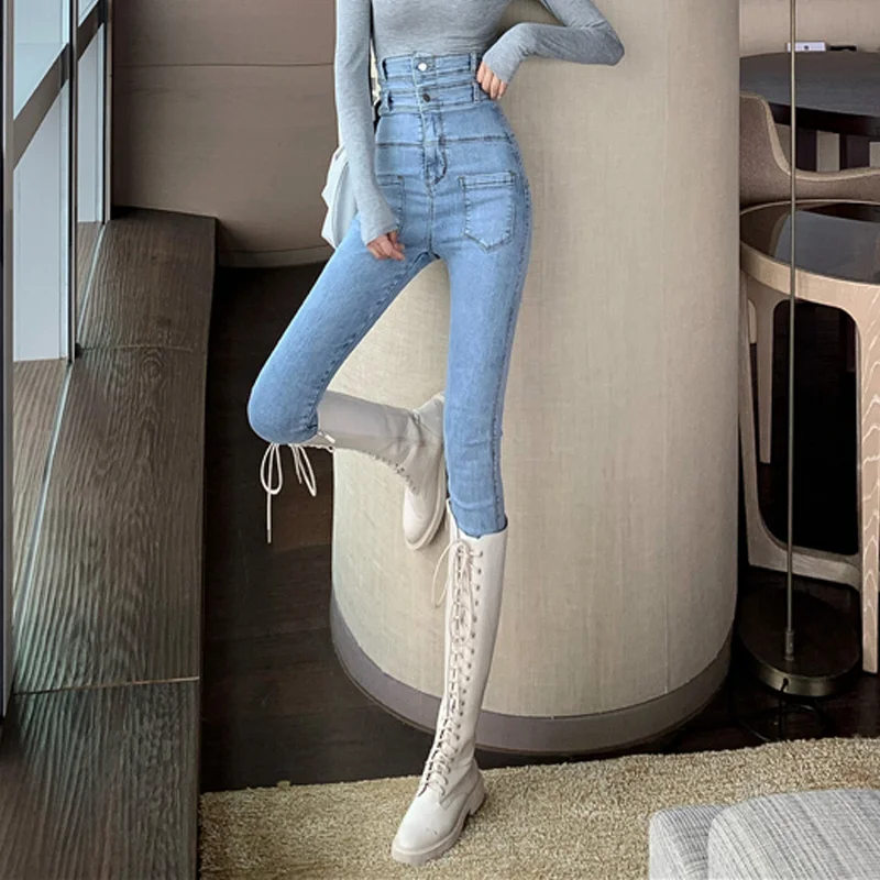 

Spring Sexy Retro Design High Waist Fashion Jeans Slim Fit Stretch Pencil Tappered Pants.