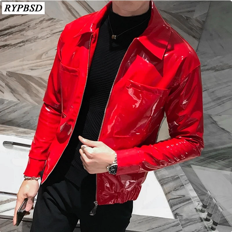 Shinny Leather Jacket for Men Punk Fashion Autumn Winter Red Black Singer Dance Club Party Stage Costume Men Bomber Coats