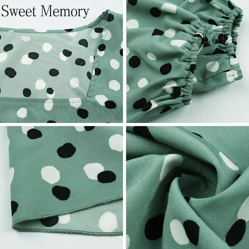 

Sweet Memory Women Full Sleeve Red Navy Blue Light Green Cocktail Dresses 2021 Square Collar Dot Print Dress Office Lady Robe