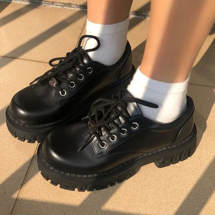 

British Black Shoes for Women Fashion Lace Up Women Casual Shoes Low Ladies Comfortable Leather Plataforma Shoes Zapatos