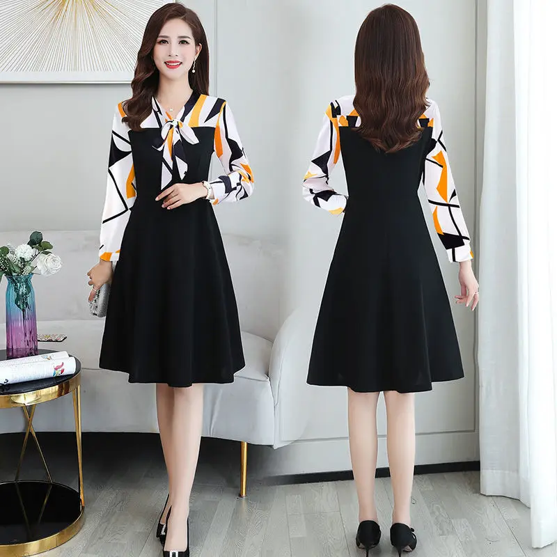 

Long sleeve dress 2021 new popular spring and autumn women's fake two-piece long size slim belly