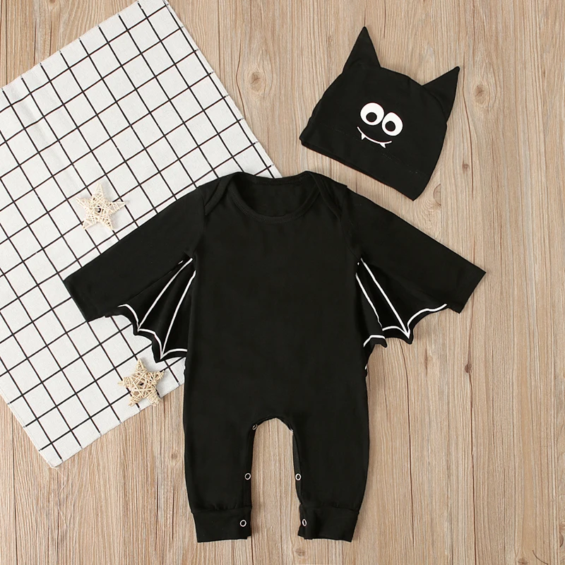 Halloween Newborn Baby Clothing Toddler Baby Boy Girls Halloween Bat Cosplay Costume Long Sleeve Romper Hat Outfits Set
