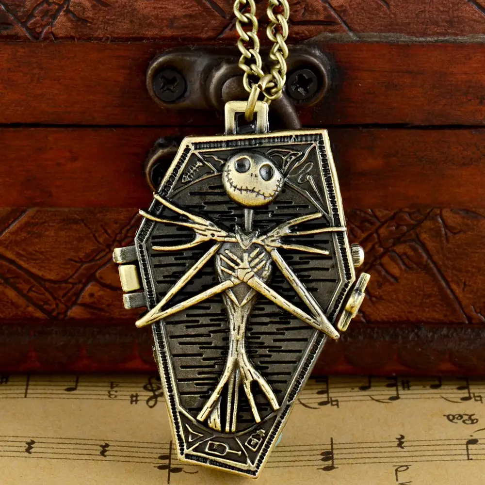 Винтажные кварцевые карманные часы Tim Burton "Кошмар перед Рождеством" Jack Skellington, бронзовая подвеска часы с цепочкой для женщин и мужчин
