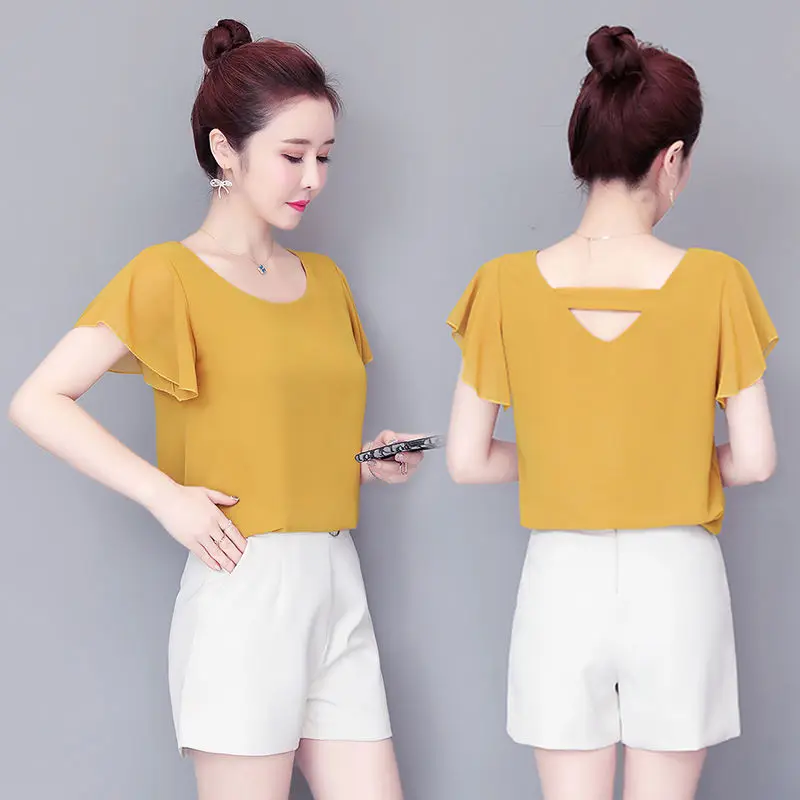 

Double-Sided Wear Women's shirts Large Size Chiffon Shirt summer Short-Sleeved Tops Loose Solid Color V-Neck Base Shirt