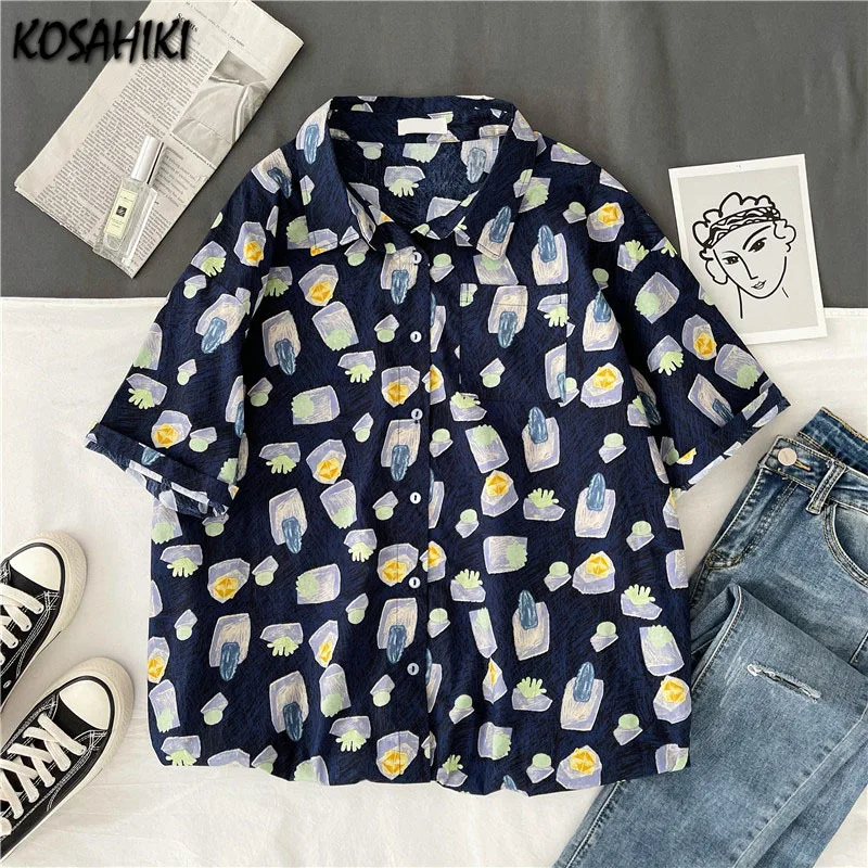 

KOSAHIKI Streetwear Short-sleeve Korean Women Shirt Vintage 2021 Summer Cartoon Tops Printed Preppy Clothes Shirts Blusas