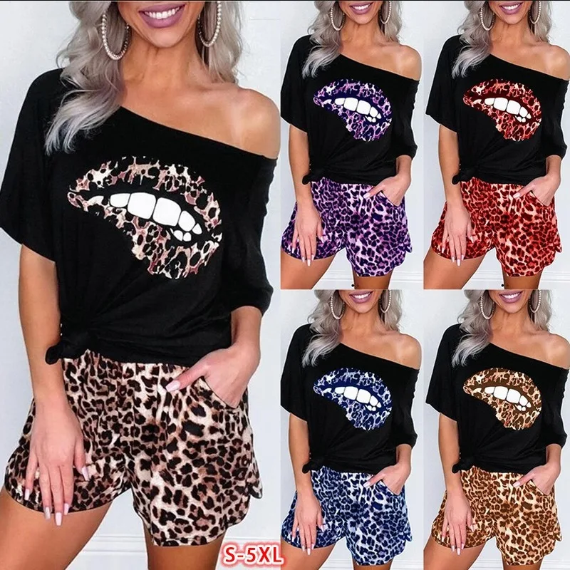 

S-5XL Two Piece Sets Women Leopard Printed Sexy Off Shoulder T-shirt Casual Shorts Plus Size Lounge Wear Outfits Matching Sets