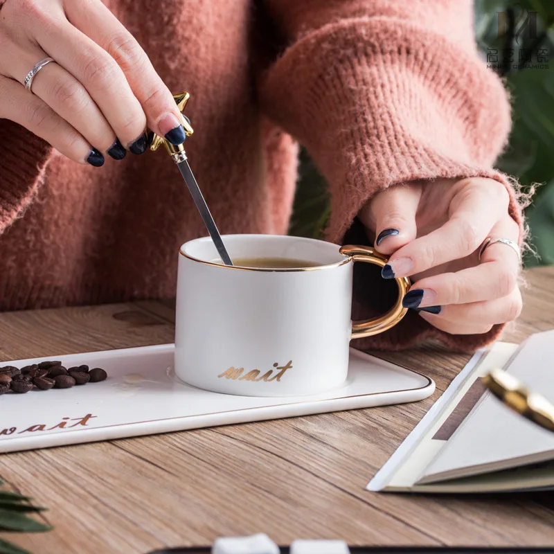 

Nordic Style Cup and Dish Set Creative English Letter Ceramic Cup Gold Depiction Office Business Coffee Mug Mug High Value