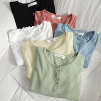 women rib cardigans round neck buttons front short sleeve solid color blouse summer lettuce edge korean style tops