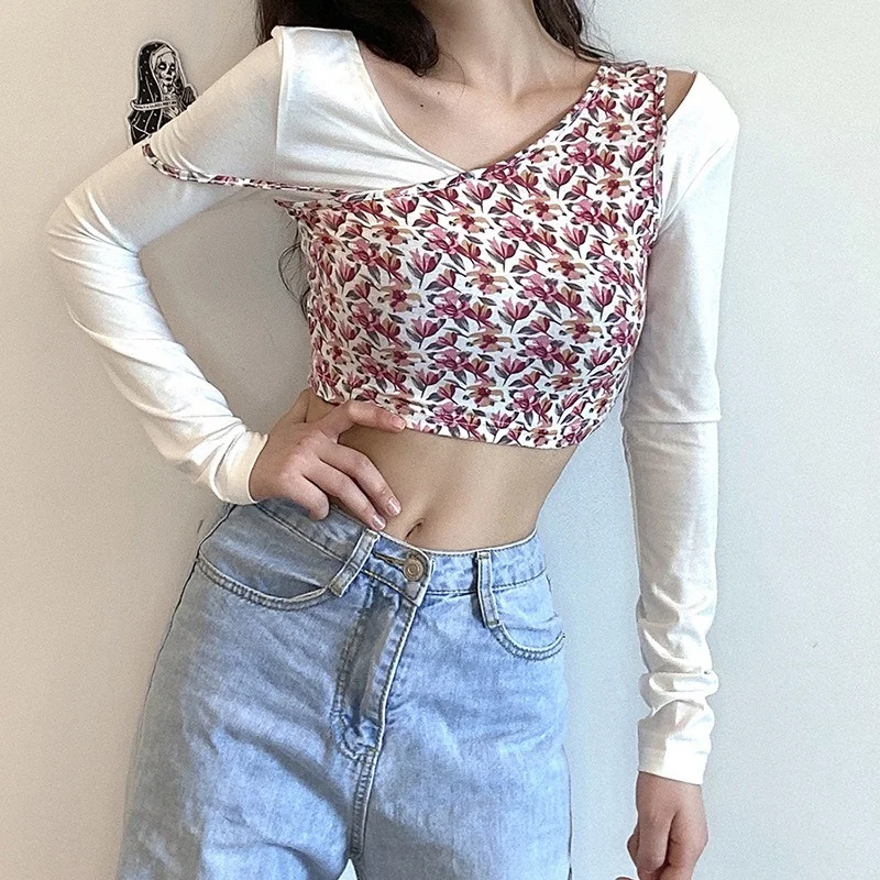 

Women 2021 Fashion Cottagecore Floral Print Patchwork Long Sleeve Chic Crop Tops Fall New Casual Hollow Out Skinny Tshirt Mujer