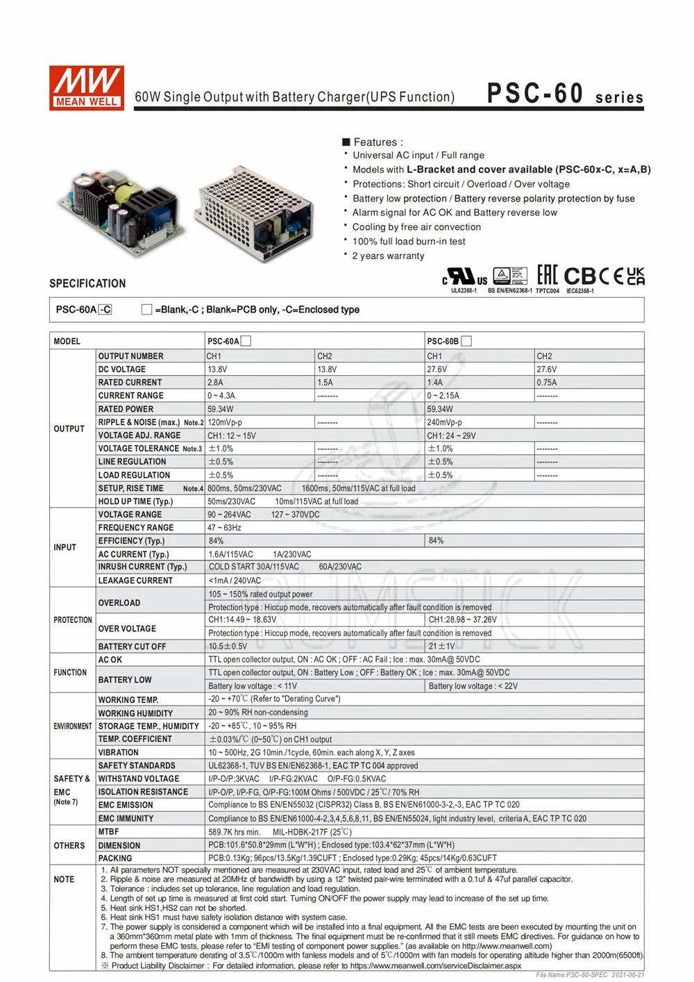 MEAN WELL PSC-60A 13 8 V meanwell PSC-60 59 34 W одиночный выход с зарядным устройством (функция UPS) PCB |