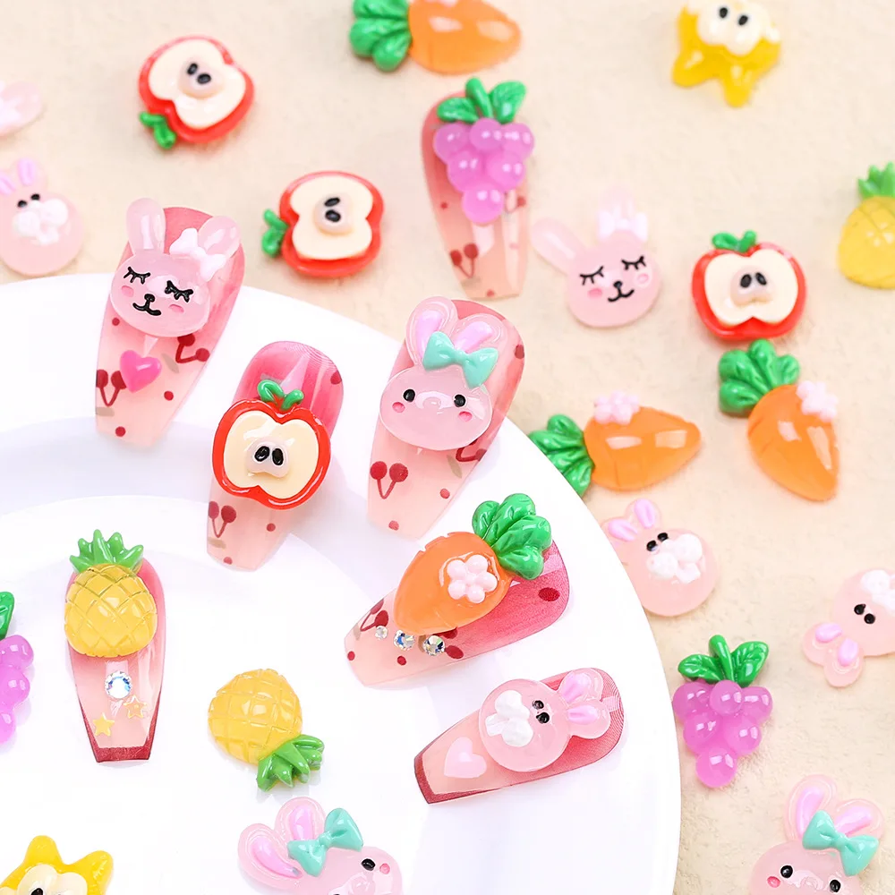 

30PCS Ice Glossy 3D Fruit Series Apple Grape Carrot Pineapple Cartoon Rubbit Cat Frog Nail Art Rhinestones Manicure Ornaments