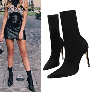 Женские сапоги-чулки EOEODOIT, из лайкры, с острым носком, высокие каблуки-шпильки, размера плюс см, 9,5 см