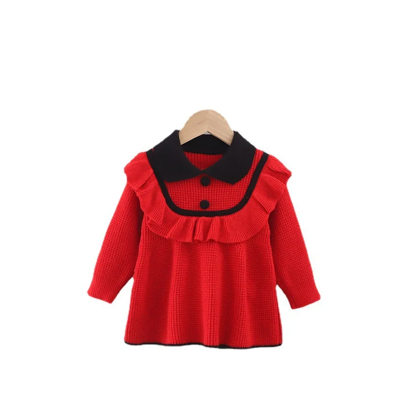 

Autumn Full Sleeve Ruched Patch Knitting Clothes Toddler Children Casual Warm Knee-length Dress Kids Bay Girls Sweater 2-7Y