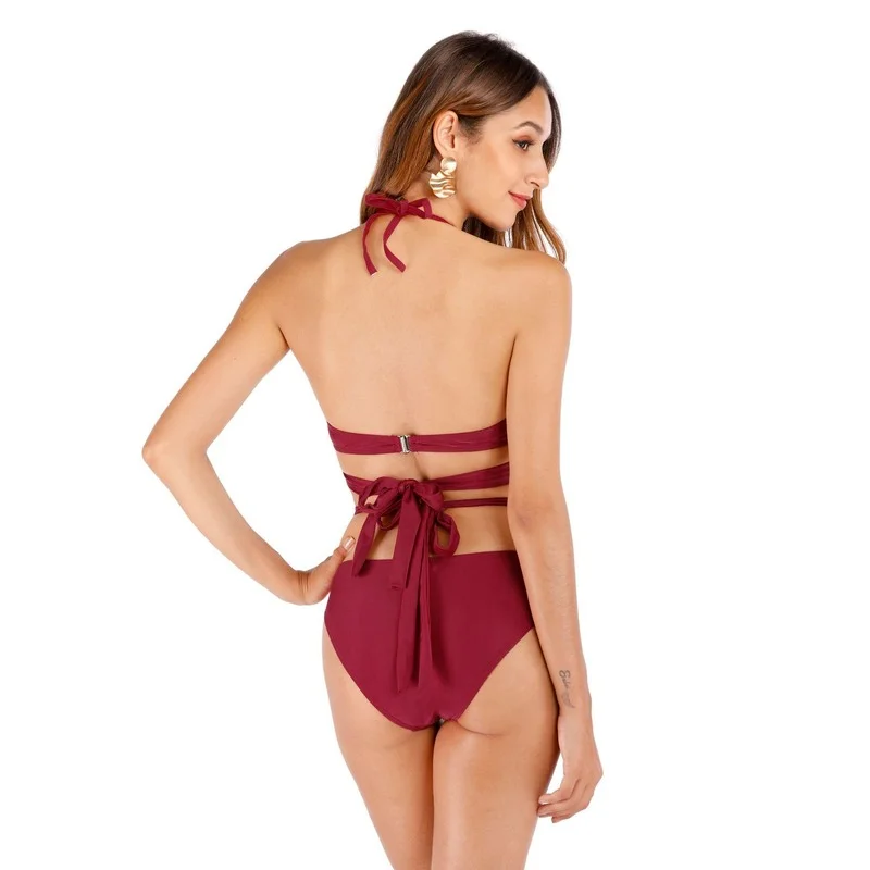 

2021 Summer New Women's Bikini Swimsuit Sexy Crossover Lace Up Split Swimsuit Swimwear for Women Wire Free Solid Bikinis Set