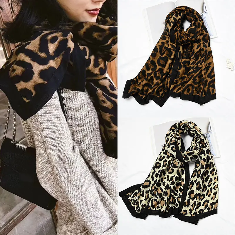 Женские мягкие хлопковые льняные большие шарфы зимняя теплая леопардовая печать