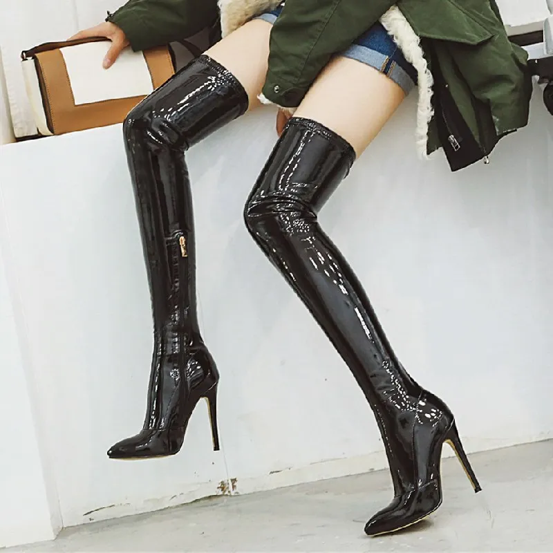 

Sexy Mirror Leather Thigh High Boots Women High Heels Over The Knee Boots For Women Point Toe black Fetish Party Long Shoes