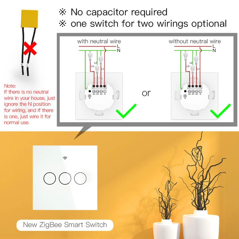 

EU Tuya ZigBee Smart Light Switch With/Without Neutral Wire Two Wiring Methods AC100-240v Work With Alexa Google Home New