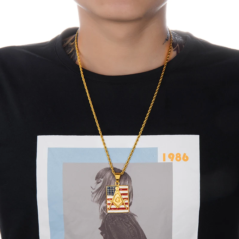 

Bling Iced Out Masonic American Flag Necklace & Pendants Paved Pendant Stainless Steel Chain For Men jewelry