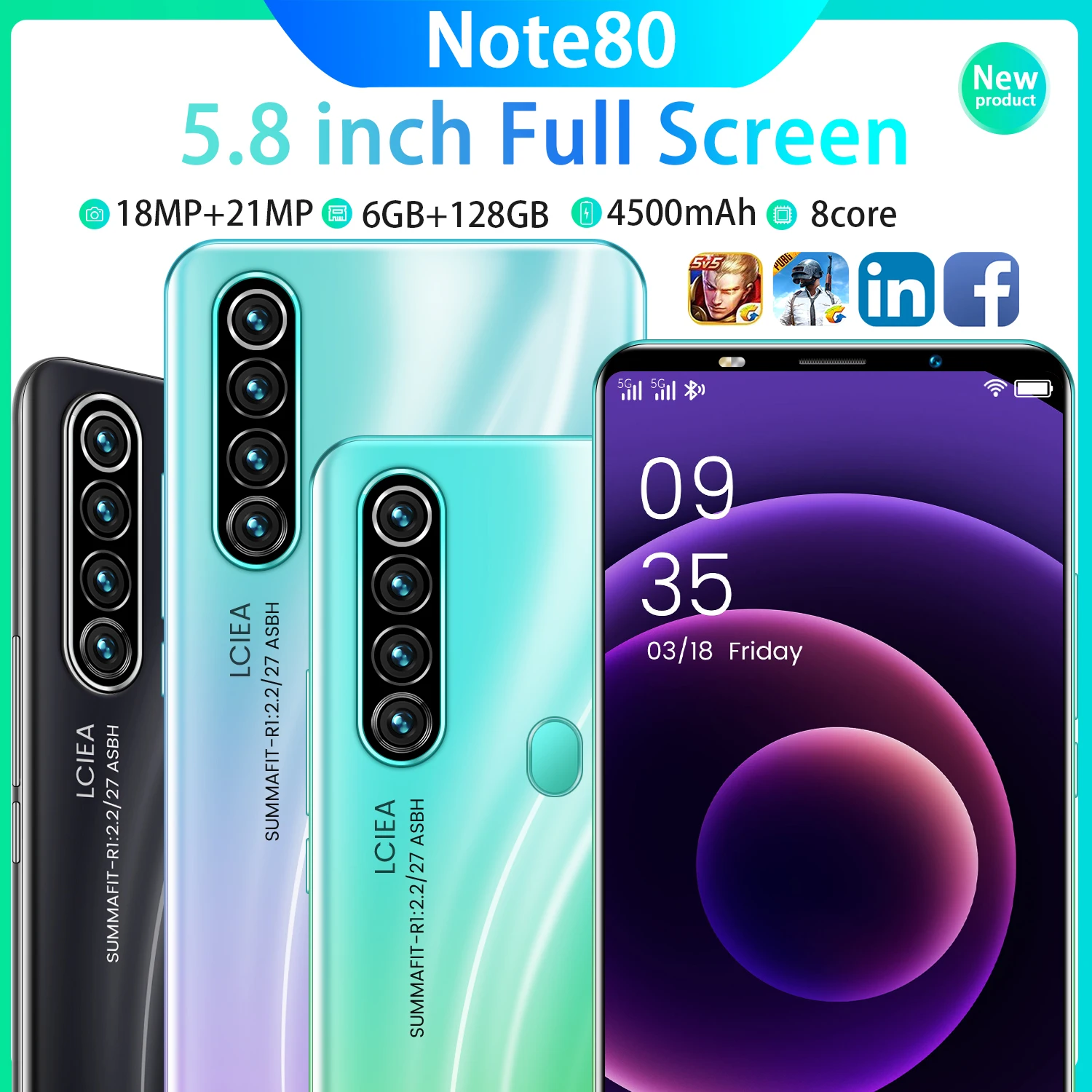 

New Arrival Note80 5.8Inch Global 5G Smart Mobile Cell Phone 6+128GB MTK6898 18MP+21MP 8Core Finger Face ID 4500MAH Dual SIM