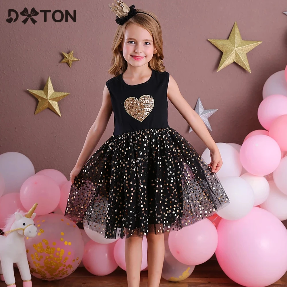 DXTON Kids Sleeveless Lace Dress For Girls Party Star Sequined Birthday Tutu Dresses Children Casual Wear Summer Vestidos | Детская