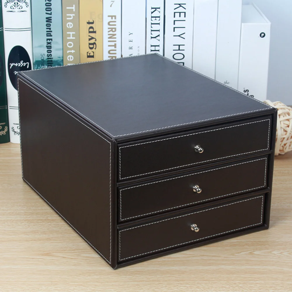 

1Pc Drawer Type Leather Desktop Cabinet Three Layers A4 File Box (Black)