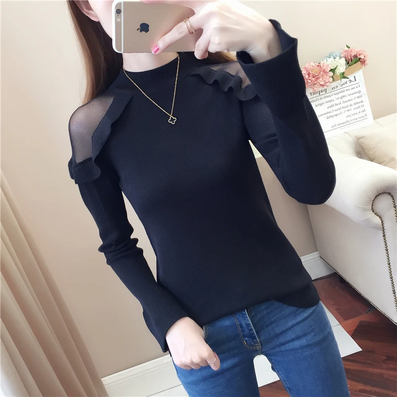 Женский свитер с открытыми плечами кружевной пуловер высоким воротником и