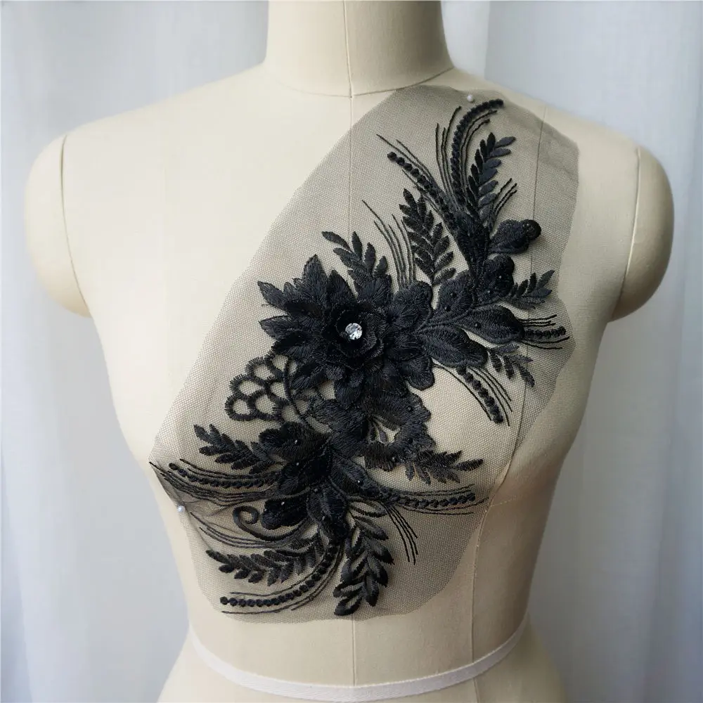 Черная вышитая кружевная ткань 3D цветок кисточки стразы аппликации отделка для