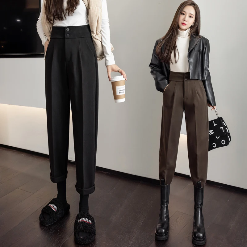 

Limiguyue Autumn Winter Women Pants Casual Streetwear Loose High Waisted Harem Pants Solid Woolen Black Brown Trousers K3389