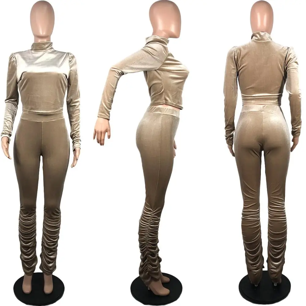 

Female Velvet Two Piece Outfits Tracksuit 2020 Winter Women Solid Turtleneck Crop Top Stacked Sweatpants Ruched Leggings Suits
