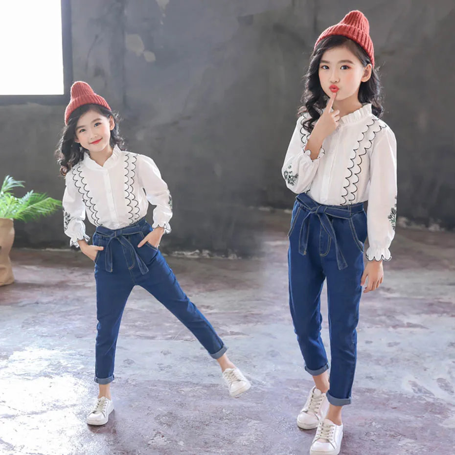 Джинсы для девочек модные джинсы с бантом на поясе детские высокой талией