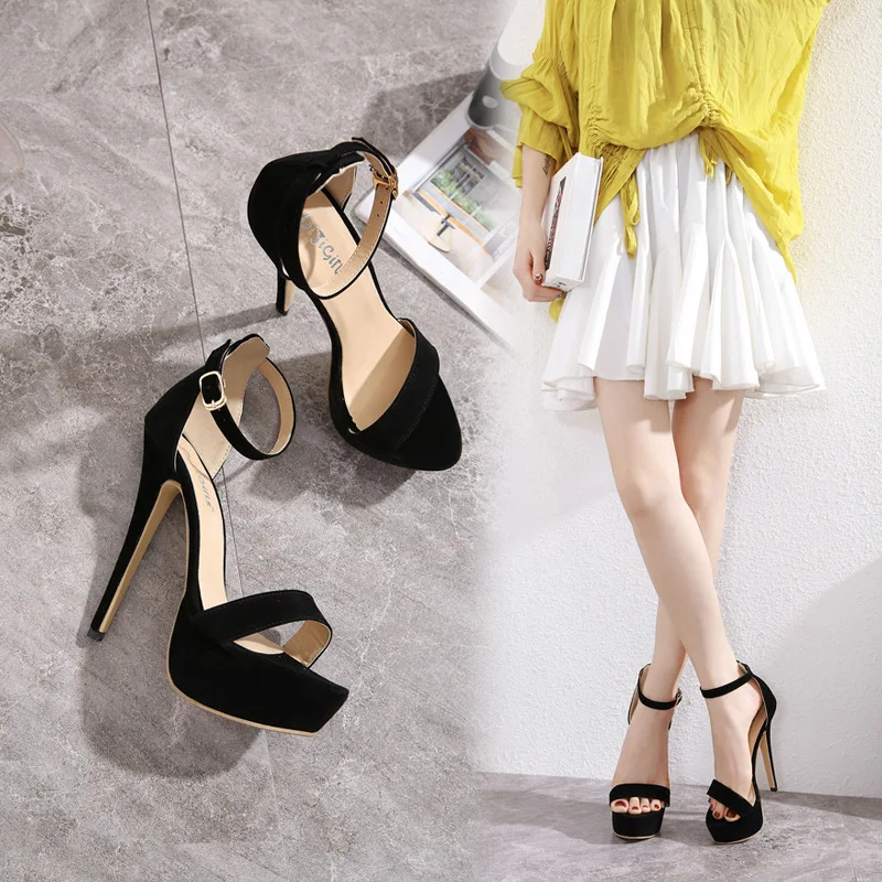 Женские босоножки на шпильке LEOPARD LAND черные платформе с пряжкой ремешком пятке 14