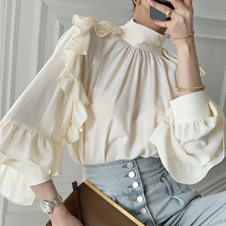 Блузка женская с длинным рукавом шикарный однотонный топ в Корейском стиле