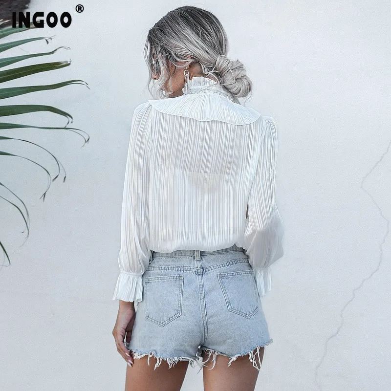 Женская винтажная шифоновая рубашка INGOO элегантная повседневная с рукавами