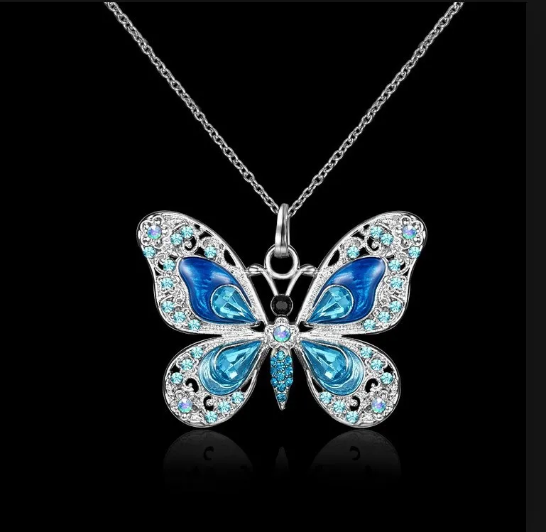 

Vintage Female Butterfly Pendant Necklace Charm Silver Color Chain Necklace Dainty Rainbow Zircon Wedding Necklace For Women