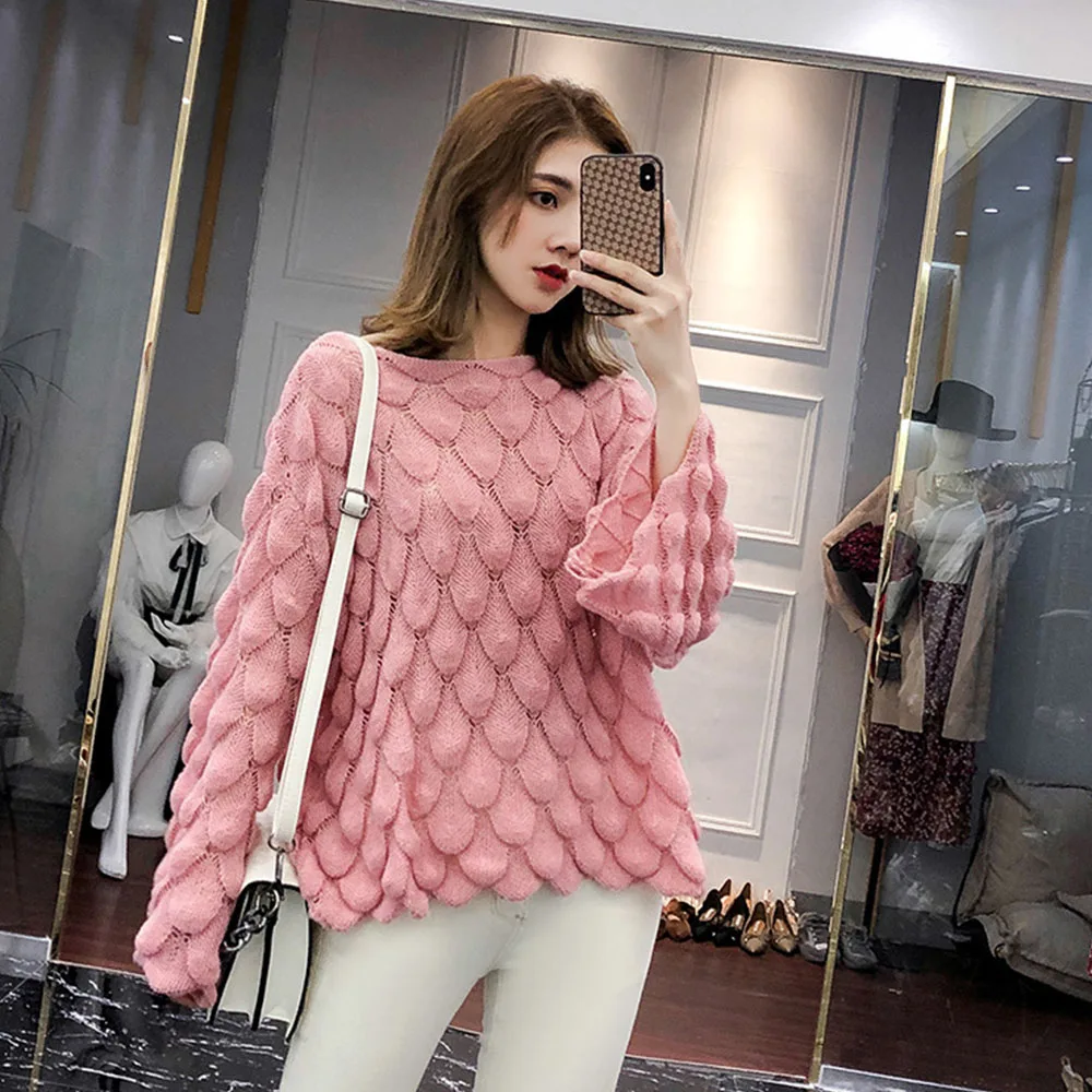 

Yellow / Red / White Women Sweater Loose Flare Sleeve knitting Sweater DZA018