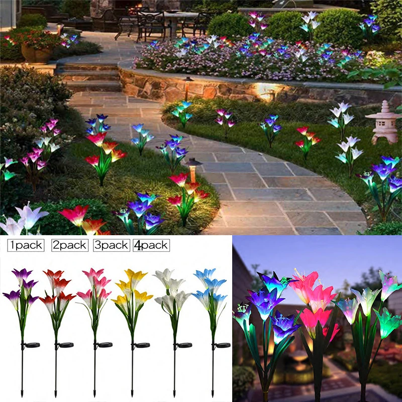 

New Outdoor LED Solar Light RGB Color Lily Garden Flower Waterproof Decorative Lamp 600AMH Solar Power Yard Lawn Path Wedding