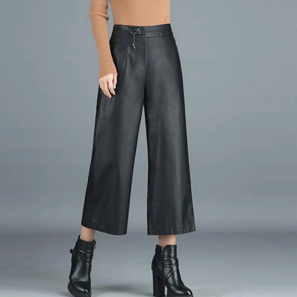 Женская черная юбка из искусственной кожи с широкими штанинами на осень и зиму
