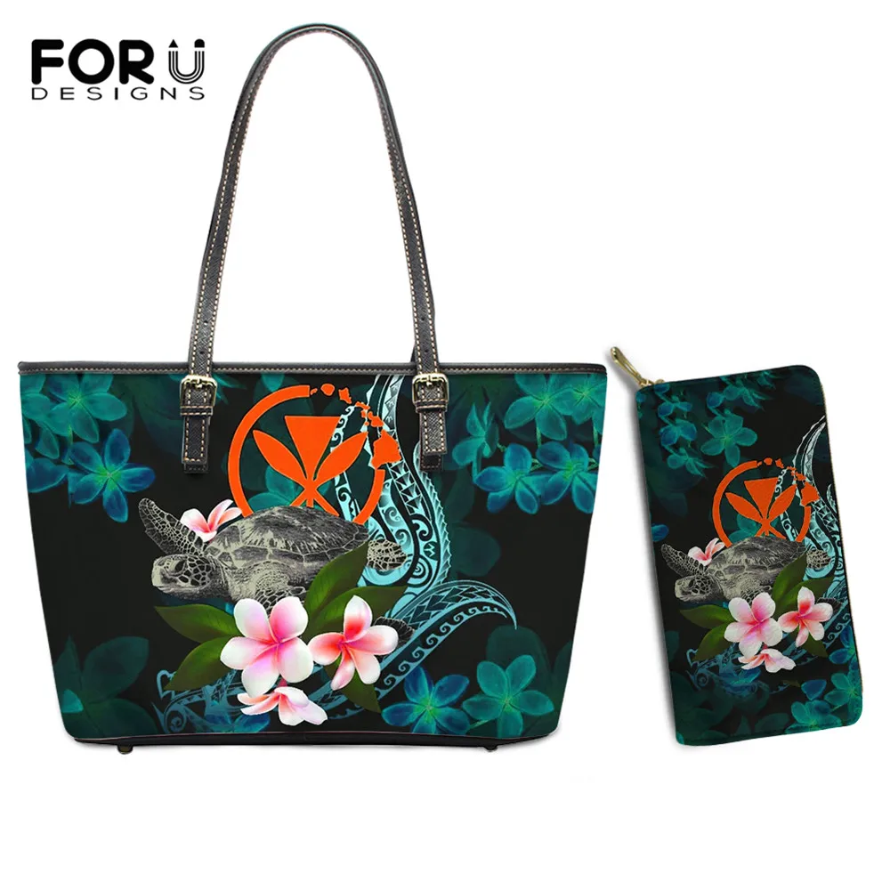 

FORUDESIGNS, винтажная женская модная сумка и кошелек, 2 шт., гавайская черепаха, Плюмерия, стильная женская сумка через плечо большой вместимости,...