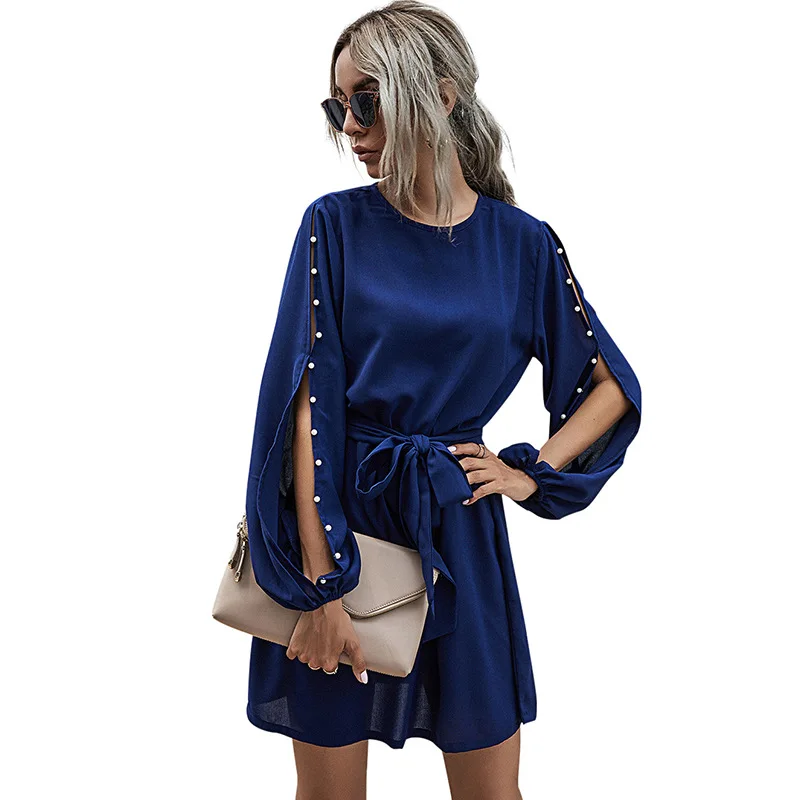 

2020 Spring and Autumn Hot-Sell Women's New Long Sleeve Beaded round Neck Belted Dress